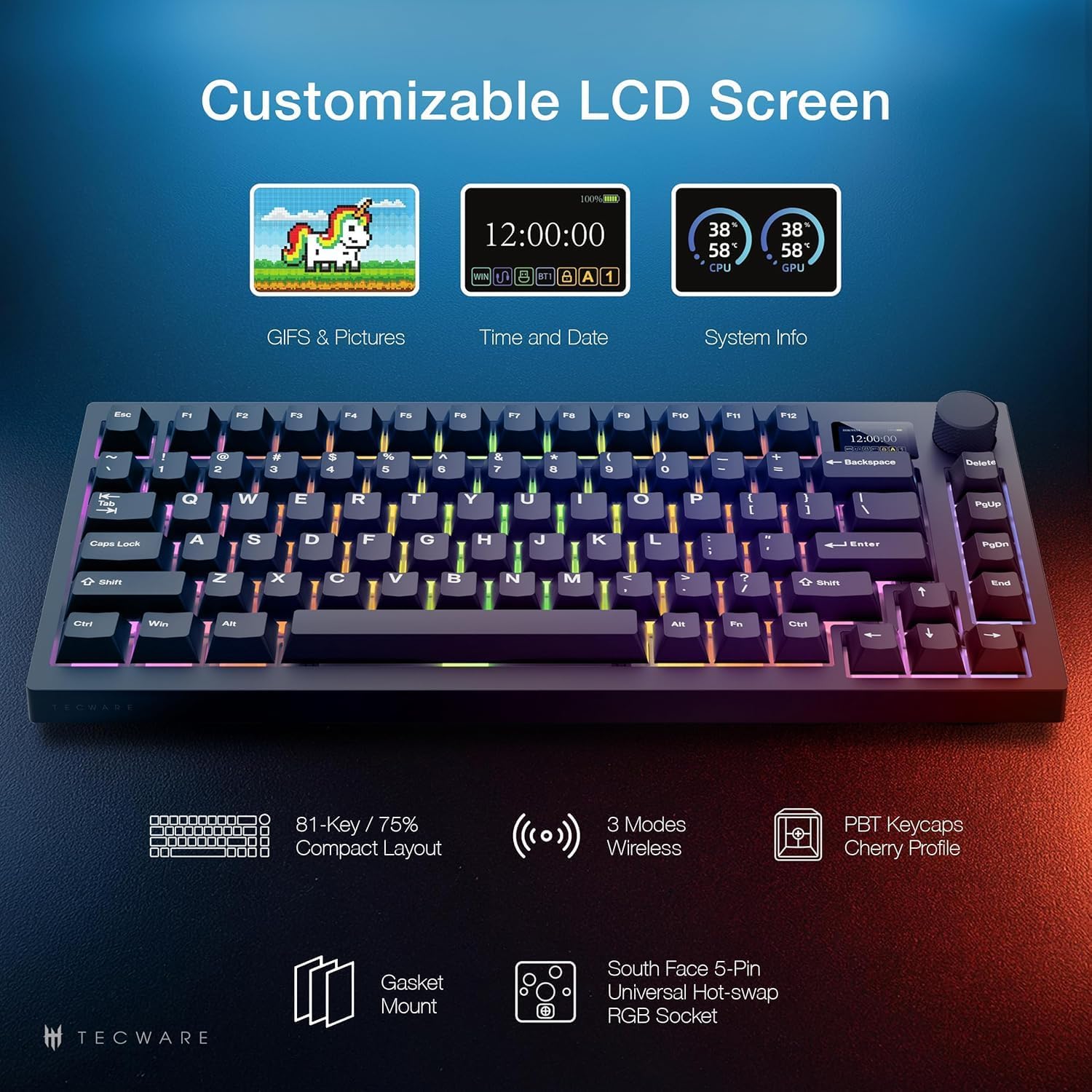 TECWARE Spectre 75% RGB Mechanical Gaming Keyboard with Customizable LCD Screen, Multi-Function Knob, Gasket Mount, 3 Mode Connectivity, South Face 5-Pin Universal Hot-Swappable Sockets (Ocean Gold)